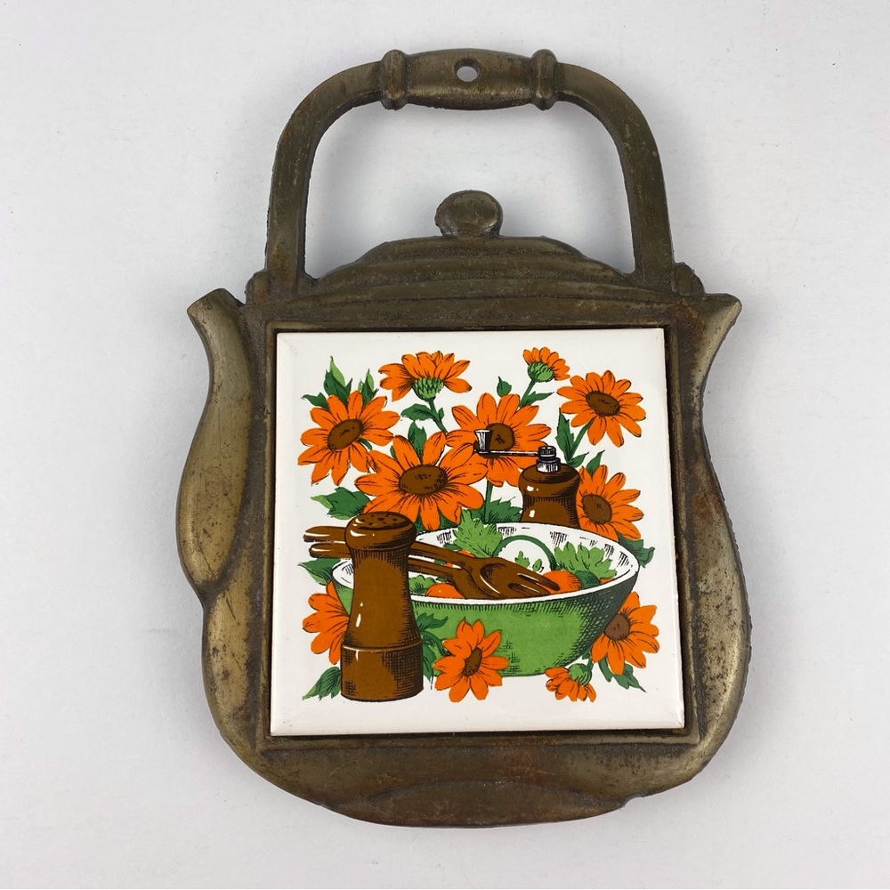 Vintage Cherry Japan Tile Cast Metal Trivet Hot Plate MCM 70s Floral Tea Pot